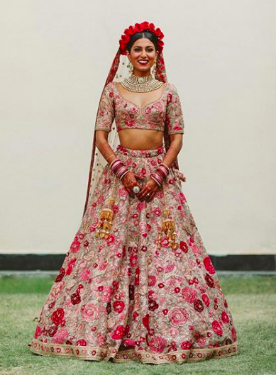 frida khalo bride , dil guldasta bride , deepika reception floral lehenga , deepika padukone sabyasachi reception lehenga , indian wedding 2020 , lehenga designs 2020